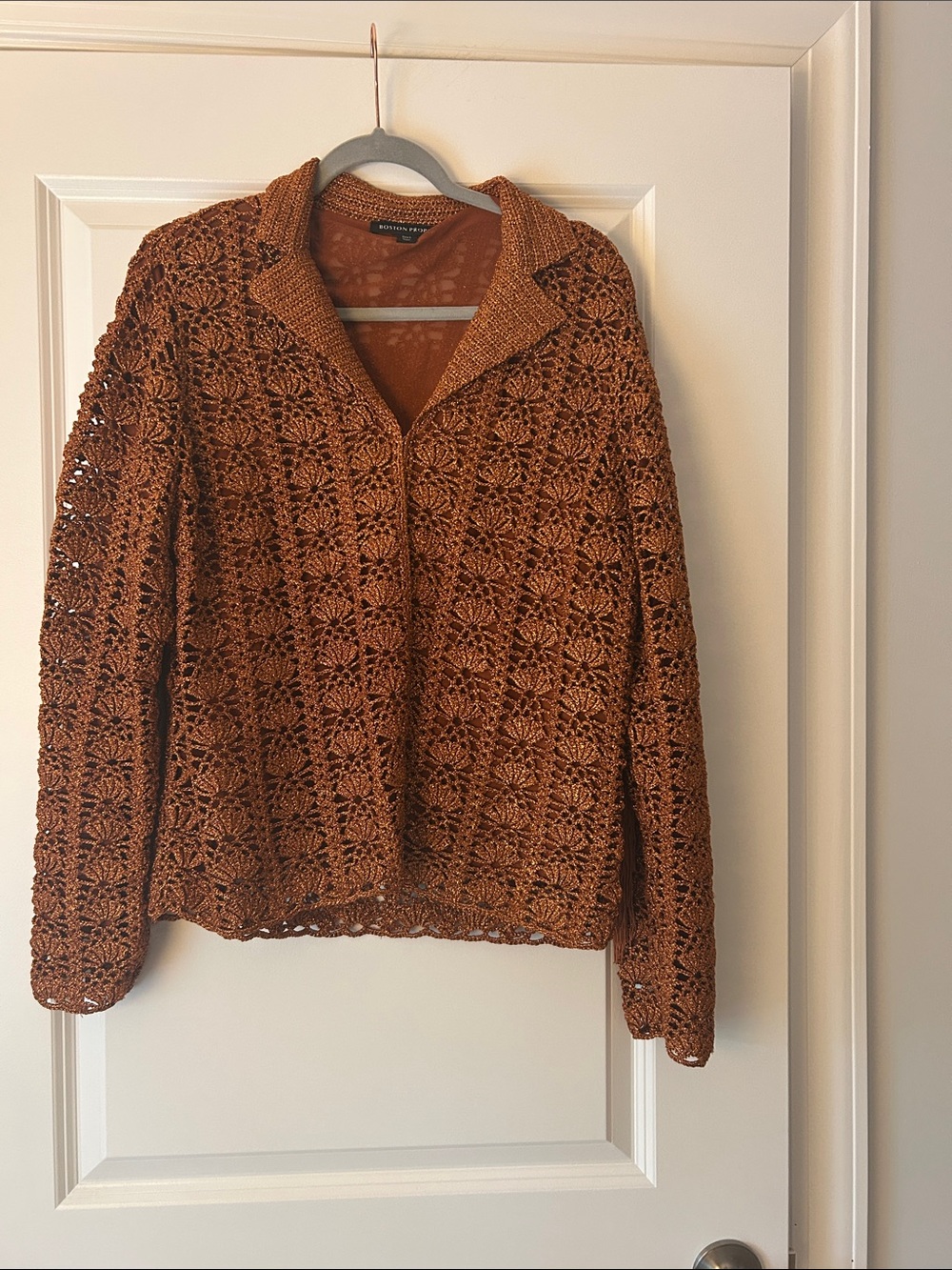 Boston Proper Crocheted Openwork Cardigan Jacket - Brown
